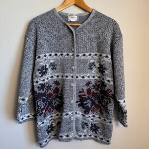 Carroll Reed Floral Knit‎ Cardigan Sweater Button Up 3/4 Sleeve Medium Nordic